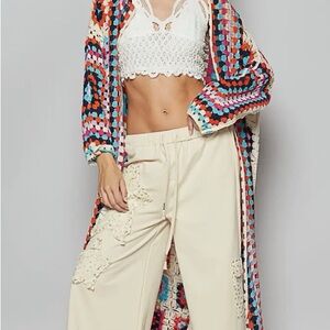 POLColorful Crochet Cardigan and Lace Crop Top